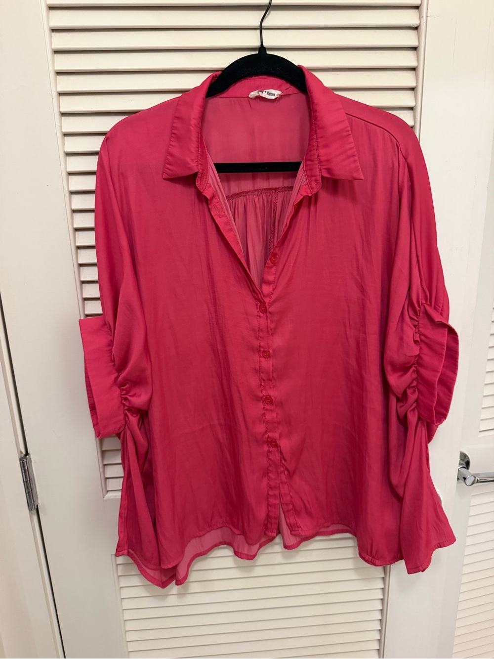Day and Moon Pink Button Down Blouse with Ruched Sleeves